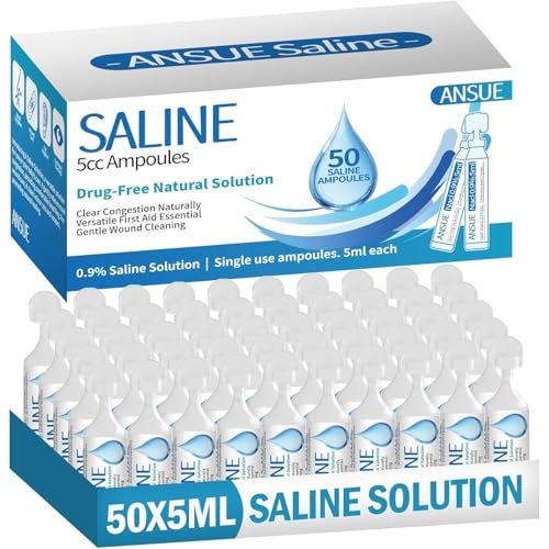 0.9% Sodium Chloride Saline Solution, Sterile Daily Nasal & Skin Cleansing for Babies, Kids & Adults, Single-Use Saline Vials for Nose Care & Minor Wound Cleaning, 50 Count 5ml