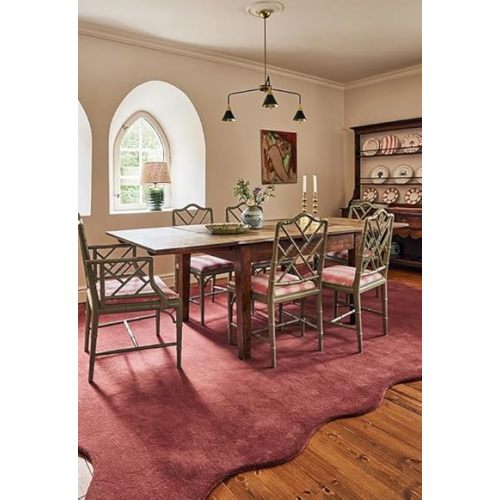 Elegant Scalloped Wool Rug in Raspberry Red, Ideal for Sophisticated Dining and Living Spaces (4x6 Ft)