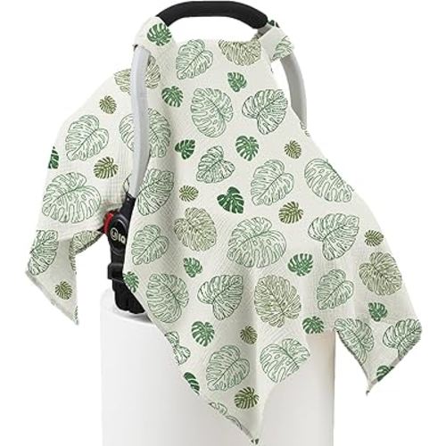 100% Muslin Cotton Car Seat Cover Baby, Carseat Canopy Cover, Universal Fit Stroller Covers for Boys and Girls (Monstera Green)