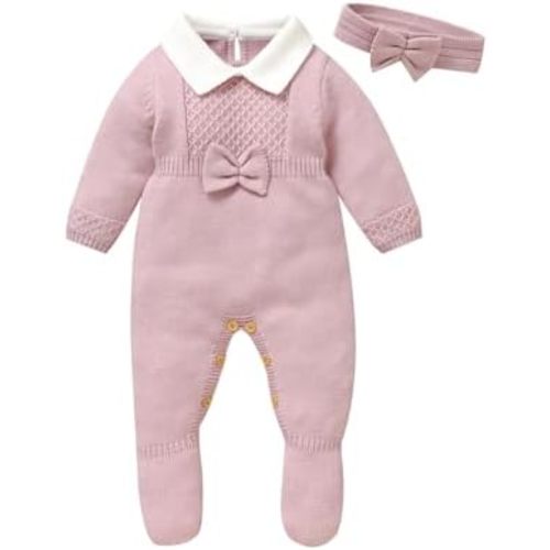 Hadetoto Newborn Baby Sweater Romper Knit Outfits Long Sleeve Jumpsuit with Warm Hat for Infant Boy Girl