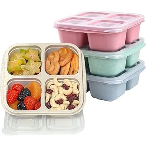 4 Pack Snack Containers, Divided Bento Snack Box, 4 Compartments Reusable Meal Prep Lunch Containers for Kids Adults, Food Storage Containers for School Work Travel