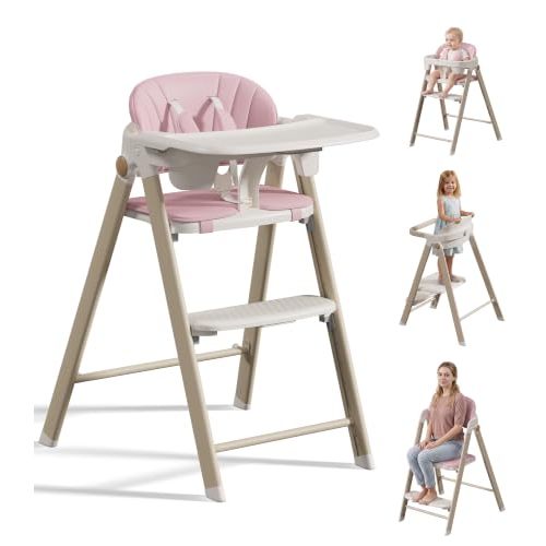 Folding Baby High Chair & Toddler Standing Tower for Girls 6 Months+, Pink | Convertible Highchair with Removable Tray & 5-Point Harnesses, Adjustable Seat & Footrest, Easy Clean for Kitchen Dining Room