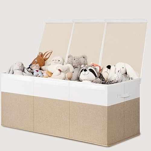 INDRESSME 185L Extra Large Toy Box, Toy Storage Organizer Collapsible Storage Bins with Lids Toy Chest for Playroom, Living Room, Toy Baskets Storage Kids, Boys Girls 39" x 17" x 17" (Beige & White)