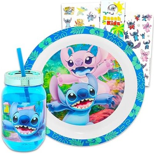 Disney Stitch Dinnerware Set for Kids, Toddlers - 3 Pc Kitchen Accessories Bundle with Stitch Dinner Plate, Cup with Lid and Straw, Stickers, More | Lilo and Stitch Flatware Set