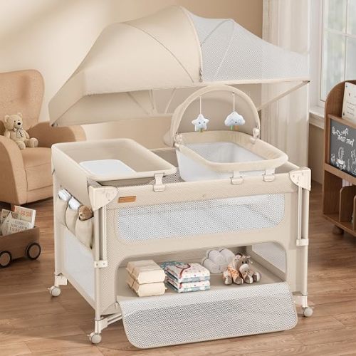 ANGELBLISS Baby Bassinet Bedside Crib, 5-in-1 One-Push Instant Fold Pack and Play with Changing Table, Napper Bassinet, Mattress & Mosquito Net, Portable Playard for Newborns to Toddlers (Khaki)