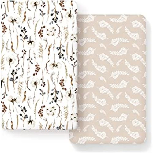 Stretch Ultra Soft Jersey Knit Fitted Crib Sheets Set 2 Pack, Fits All Standard Crib Mattress Pads Safe and Snug, Stylish Pretty Flora for Baby, Beige