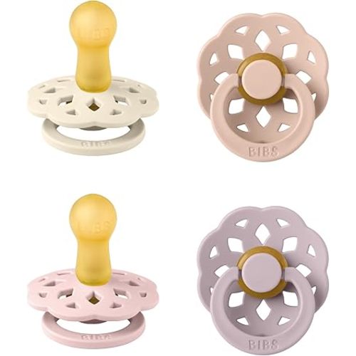 BIBS Boheme Soother 4-Pack. BPA Free Dummy Pacifier, Round Nipple. Natural Rubber Latex, Made in Denmark, Size 2 (6-18 Months), Dusky Lilac Mix