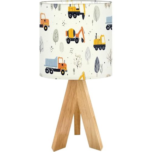 Tripod Bedside Desk Table Lamp Cute Children Seamless Construction Machinery Cartoon Hand Wood Nightstand Lamp with Linen Fabric Shade for Nursery Bedroom Living Room Kids Room