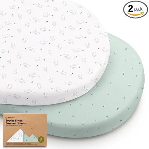 2-Pack Organic Baby Bassinet Sheets Boys, Girls - 100% Cotton Bassinet Mattress Sheets Compatible with Halo Bassinest Swivel Sleeper, Graco, Baby Delight, Universal Bassinet Fitted Sheets (Bunnies)