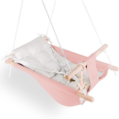 Baby Swing Indoor and Outdoor, Canvas Hammock Swing for Baby to Toddler with a Comfortable Seat, Macaroon Wooden Toy, Adjustable 5-Point Harness,Gift for Baby Boys Girls, 3 Modes, Pink