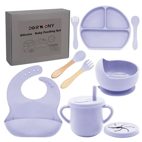 100% Silicone Baby Feeding Set,BPA Free Baby Dishes Set with Suction Bowl Divided Plate,Toddler Self Feeding Dish Set with Spoons Forks Sippy Cup and Bib, Baby Eating Utensils(Purple)