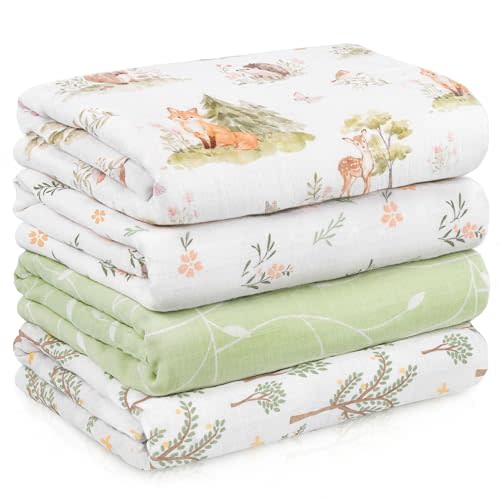 Muslin Swaddle Blankets for Newborn, 4 Pack Cotton Baby Blankets Neutral, Large 31.5 x 43.3 Breathable Soft Receiving Blanket, Essentials Swaddle Wrap Burping Clothes, Green Jungle Animal