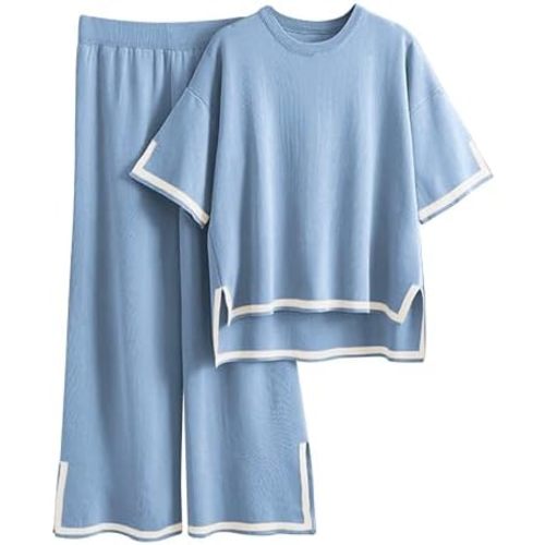 Tanming Sweater Sets Women 2 Piece Lounge Sets Short Sleeve Knit Pullover Tops Wide Leg Pants