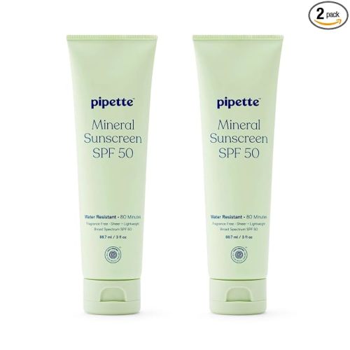 Pipette Mineral Sunscreen SPF 50 Lotion, 3 Oz (Pack of 2), Water‑Resistant 80 Minutes, 100% Non‑Nano Zinc Oxide, Lightweight & Blendable, Gentle for Babies & Whole Family
