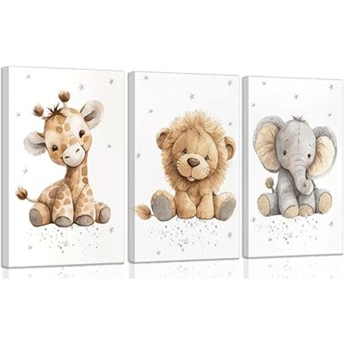 Pyvrah 3Pcs Kids Room Canvas Wall Art Cute Animal Wall Decor Prints Boy Girls Room Pictures Giraffe Lion And Elephant Painting Artwork for Baby Room Nursery Decoration 12x16in