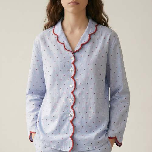 Geneviève Notched Collar Cotton Pajama Set / Light Blue