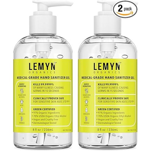 Medical‑Grade Hand Sanitizer Gel – 97 % Organic | 70 % USP Ethyl Alcohol | Moisturizing Aloe + Hyaluronic Acid | Freshly Made in USA | 8oz Bottle with Pump (PACK OF 2)