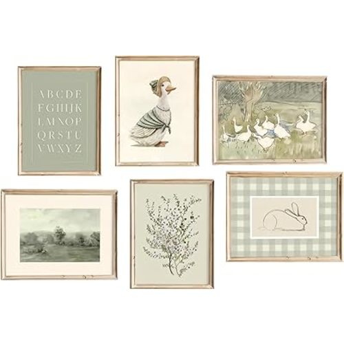 Vintage Nursery Wall Art Decor Set of 6 Kids Canvas Poster Baby Room Wall Decor Sage Green Duck Wall Art Bunny Prints Floral Picture Nursery Children Artwork for Farmhouse Bedroomg Room Home Decor 8x10 Unframed