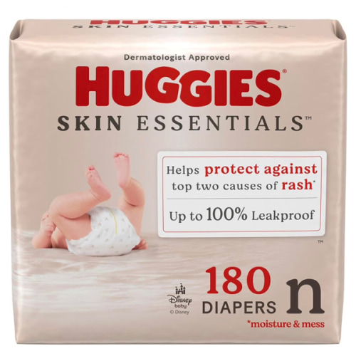 Huggies Size Newborn Diapers, Skin Essentials Baby Diapers, Size Newborn (6-9 lbs), 180 Count (3 Packs of 60), Packaging May Vary