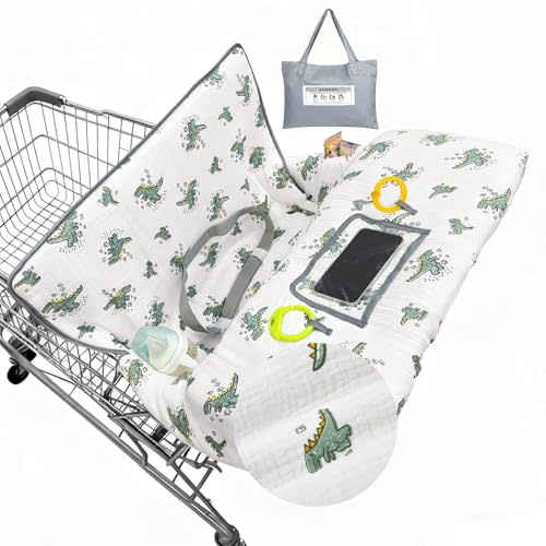 Muslin Shopping Cart Cover for Baby Soft & Breathable High Chair Covers for Restaurant Seat Grocery Cart Cover with Storage Pocket Machine Washable for Infant Toddler Boy Girl, White