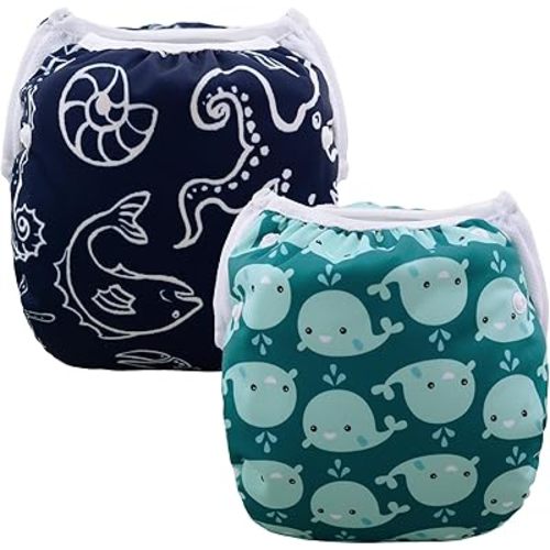 ALVABABY Swim Diapers Reusable Washable Adjustable 0 to 36 mo.for Infants Toddlers 2 Pack Large Size Swimming Lesson ZYK87-88-CA