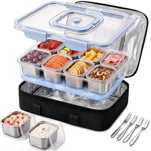 Stainless Steel Snackle Box with Ice Pack & Insulated Bag, 8 Removable Cups with Lids, Dishwasher Safe Snackle Box Container for Kids Sports, Road Trips, Beach Days & Picnics
