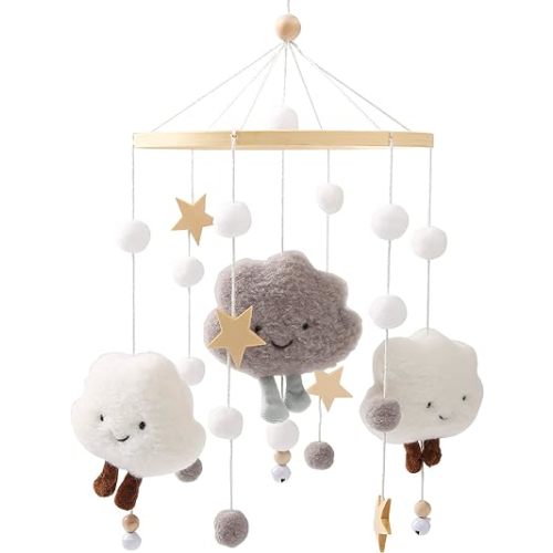 Baby Crib Mobile Wooden Wind Chime Bed Bell,Neutral Baby Crib Mobile,Baby Mobile for Crib,Handmade Baby Mobile,Clouds Baby Ceiling Mobile Baby Nursery Decoration (Grey)