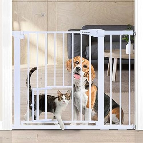 COMOMY Auto Close Baby Gate with Cat Door, 29.5"-40.5" Extra Wide Dog Gate for House Doorways Stairs, Pressure Mounted Easy Walk Thru Pet Gate, Includes 4 Wall Cups and 2 Extension Pieces, White