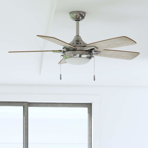 Harbor Breeze Audiss 44-in Brushed Nickel with Driftwood/Nutmeg Blades LED Ceiling Fan With Light and Pull Chain Included 5 -Blade