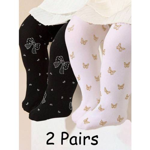 2 Pairs Baby Girls' Princess Golden Butterfly & Silver Bowknot Tights, Breathable And Comfortable, Suitable For Daily Wear Or Party Dressing | SHEIN USA