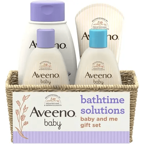 Aveeno Baby Mommy & Me Daily Bathtime Gift Set Including Baby Wash & Shampoo, Calming Baby Bath & Wash, Baby Moisturizing Lotion & Stress Relief Body Wash for Mom, Soap-Free, 4 Items