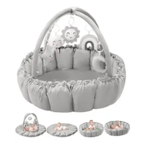 5-in-1 Convertible Baby Gym Play Mat - Soft Padded Nursery Development Mat with Hanging Toys, Lounger & Ball Pit, Machine Washable for Newborns, Ideal for Tummy Time, Baby Play Ideas & Sensory Activities (Gray/Pink) - TikTok Shop