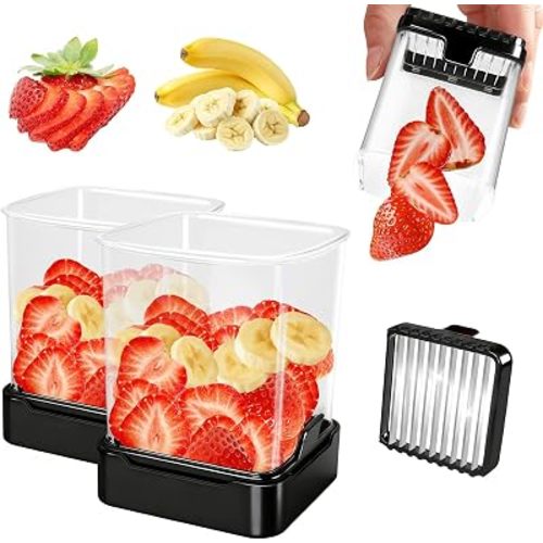 2 Pack Fruit Slicer Cup for Strawberry, Banana, Hard-Boiled Egg - Detachable Cutter with Push Plate - Rapid & Safe Slicing Kitchen Gadget for Quick Meal Prep (Black)