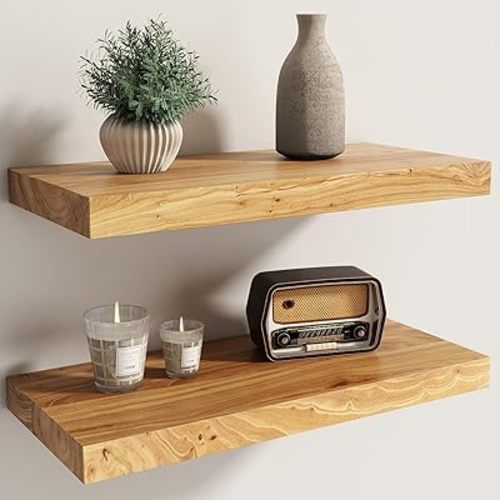 Fun Memories Solid Elm Wood Floating Shelves Set of 2-20 Inch Rustic Wall Shelves with Heavy-Duty Invisible Brackets - for Living Room, Kitchen, Bedroom, Bathroom - Natural Finish