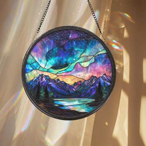 Aurora Borealis Glass Suncatcher, Northern Lights Window Decor, Mystical Sky Wall Art, Gift for Nature Lovers, Meditation Accent Northern