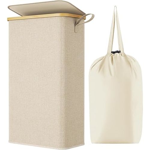Lifewit 75L Slim Laundry Hamper with Lid, Narrow Laundry Basket with Removable Bag & Bamboo Handles, Fodable Thin Dirty Clothes Hamper for Laundry Collapsible Bin for Bathroom Bedroom Dorm, Beige