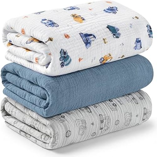 3-Pack Muslin Swaddle Blankets for Newborns Boy,Girl – 47x47 Large Cotton Muslin Baby Blanket, Nursery Swaddling, Neutral, Soft, Breathable, Light Infant Baby Receiving Cover (Diggers, Regular)