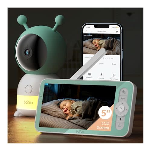 BOIFUN 2026 Upgraded 2K WiFi Baby Monitor with Camera and Audio, Smart Night Light, APP & 5" Split-Screen Control, Motion/Cries/Sound/Custom Alarm Zone Detect, Auto Tracking, Humidity Temp Detect