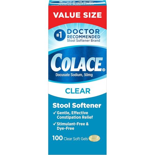 Colace Clear Stool Softener Soft Gel Capsules, 100 Count, Constipation Relief, 50 mg Docusate Sodium, Doctor Recommended