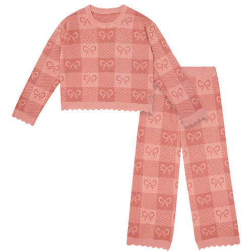 2-Piece Girls Pink Bows Check Sweater Top and Pant Set