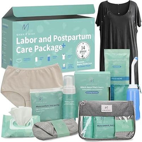Mama & Wish® Postpartum Essentials Kit (14-Piece) - Includes Hospital Post Partum Essentials for Women After Birth, Labor and Delivery Gown, Peri Bottle, Witch Hazel Foam, Pad Liners & More!