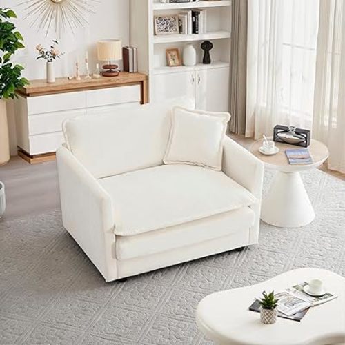 mikibama 41.4 Inch Single Seat Sofa, Chenille Comfy Deep Upholstered Couch Armchair with Toss Pillow for Living Room Bedroom Office Apartment, Beige