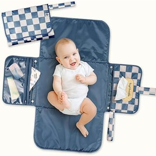 Tiny Twinkle Portable Diaper Changing Pad | Waterproof, Wipeable & Compact Baby Changing Pad for Travel | Smart Wipes Pocket & Organized Storage| Newborn Shower Gift (Blue Checkers)