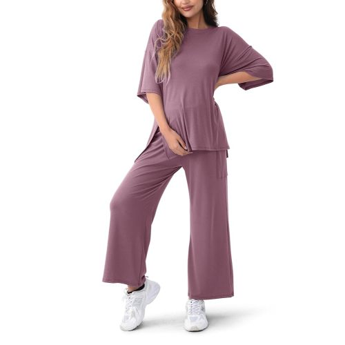 Maternity Lounge Set 2 Piece Outfits Matching Short Sleeve Top Adjustable Long Pants Pregnancy Summer Loungwear
