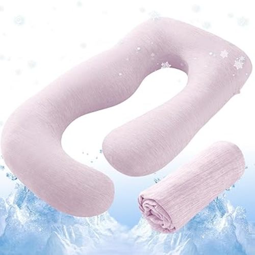 Sasttie Funda de almohada refrescante para embarazo, funda de almohada de embarazo en forma de U de 57 pulgadas, se adapta a almohadas de maternidad de 55 a 57 pulgadas, color rosa (sin relleno de