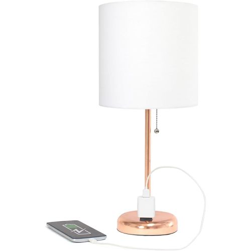 Simple Designs LT1144-RGD Sleek and Slender Rose Gold Table Lamp with Charging Outlet, for Bedroom, Living Room, Entryway, Office, Dining Room, Study, White Shade