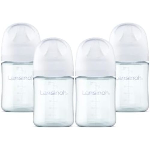Lansinoh Glass Baby Bottles, Anti-Colic, White, 5oz, 4 Count, with Extra Slow Flow Nipples (Size XS, 0-1 Month), Baby Feeding Essentials