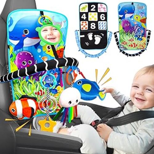 Baby Car Seat Ocean Animals Toys - Kick and Play Double Sided Infant Car Seat Toys with Plush Toys, Mirror, Teether for Baby Travel Activities, Christmas Birthday Gifts Newborn Infant Toy