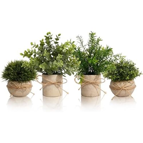 4 Pack Small Potted Eucalyptus Fake Plants for Bathroom Shelf