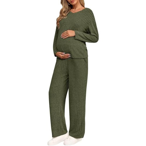 Yousify Womens Maternity Pajamas Sets 2 Piece Outfits Ribbed V Neck Long Sleeve Knit Tops Pants Pregnancy Loungewear